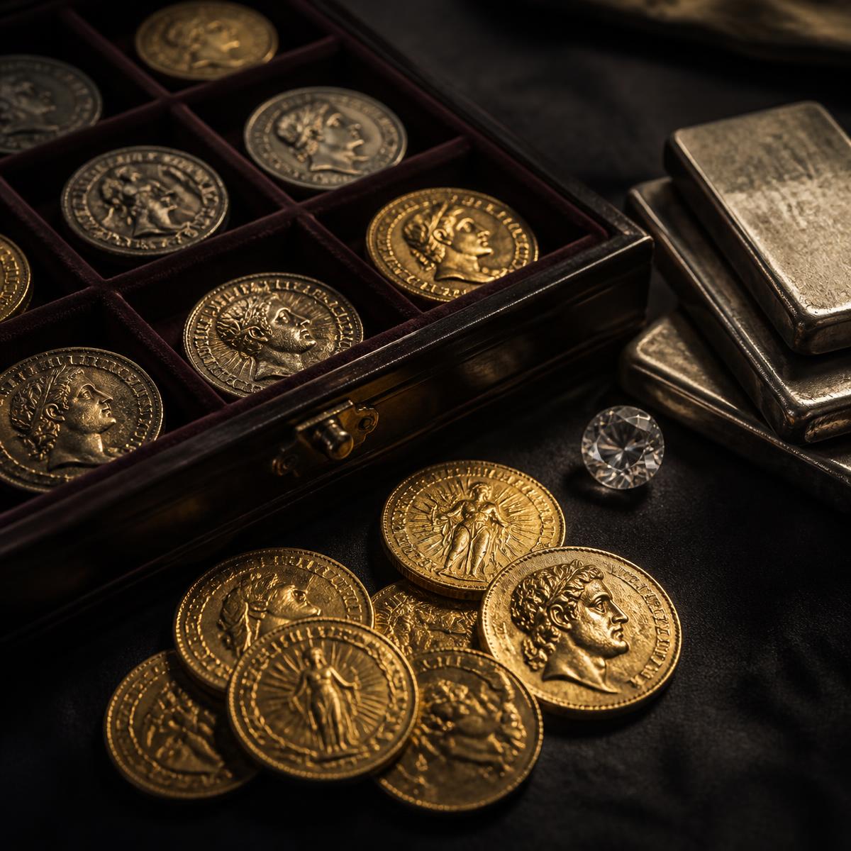 Historische Goldmünzen, Silberbarren und ein Diamant auf dunklem Untergrund