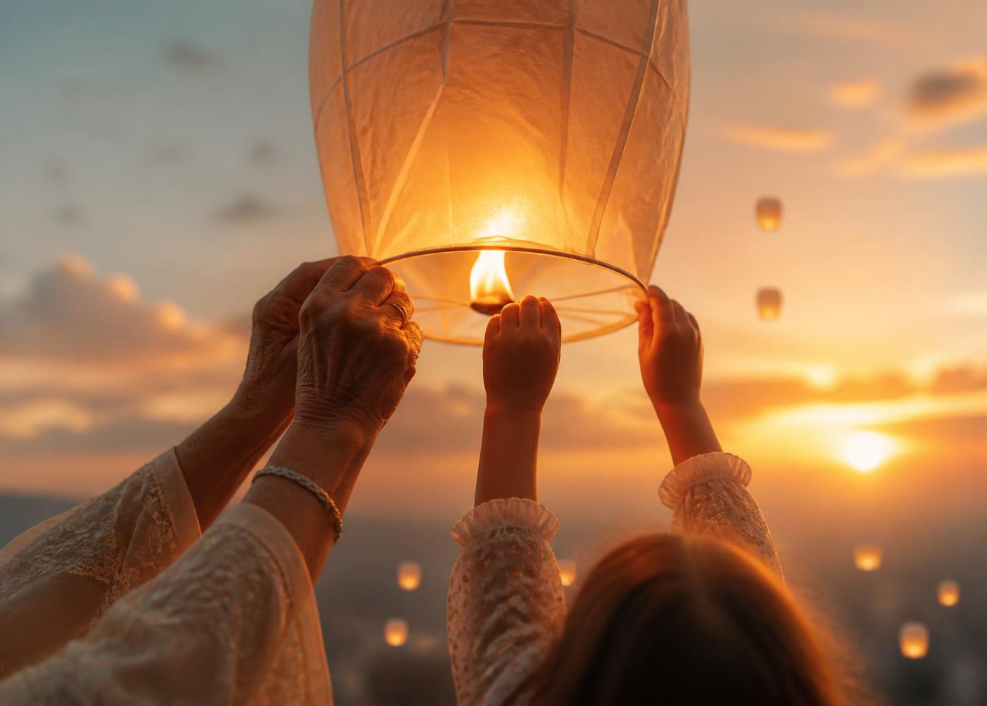 Hände von Groß und Klein lassen eine leuchtende Papierlaterne in den warmen Abendhimmel steigen