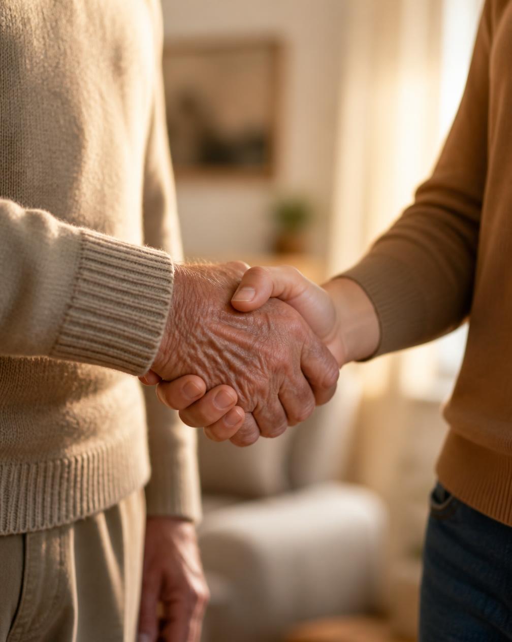 Handschlag zwischen einer älteren und einer jüngeren Hand in warmem Licht