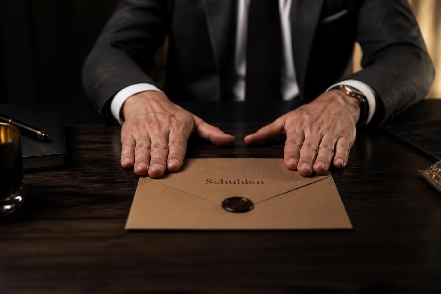 Briefumschlag mit Aufschrift Schulden auf einem dunklen Schreibtisch
